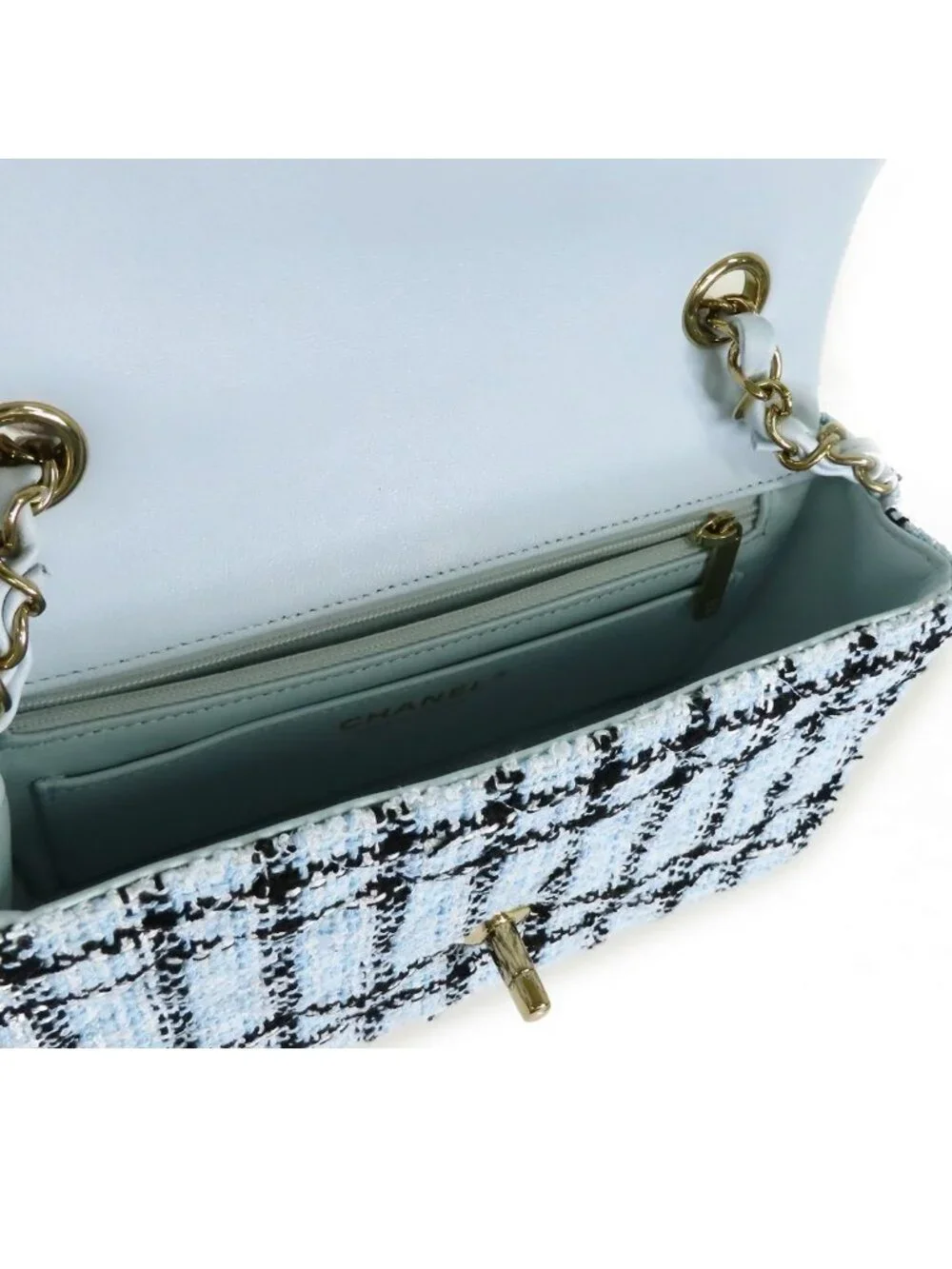 Chanel Mini Quilted Blue Black Gold Tweed Leather Chain Shoulder Bag 20